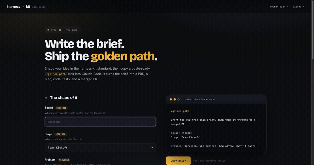 the idea-brief builder assembling a /golden-path prompt as fields are filled